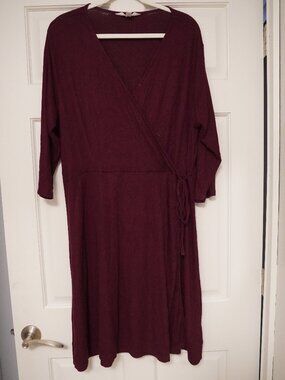 Market & Spruce 2X Burgundy Rib Knit Wrap Dress Plus Size Midi Casual
